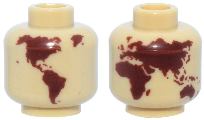 Minifigure, Head without Face with Reddish Brown Globe World Map with Japan and Hawaii Pattern