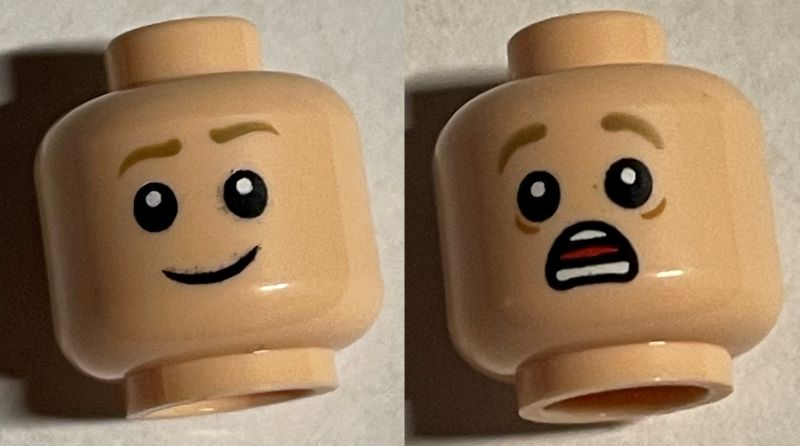Minifigure, Head Dual Sided Olive Green Eyebrows, Smirk / Scared Pattern
