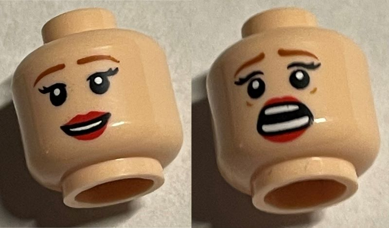 Minifigure, Head Dual Sided Female, Medium Nougat Eyebrows, Red Lips, Smile / Scared Pattern