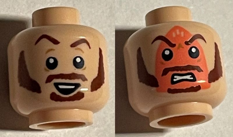 Minifigure, Head Dual Sided Reddish Brown Eyebrows, Moustache, Sideburns Raised Eyebrow with Smirk / Angry with Iron Burn Print Pattern