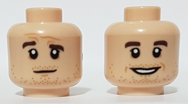 Minifigure, Head Dual Sided Dark Brown Eyebrows, Stubble, Open Mouth Smile / Quizzical Pattern