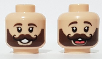 Minifigure, Head Dual Sided Dark Brown Eyebrows and Beard with Black Curly Moustache, Open Mouth Smile / Laughing with Tongue Pattern