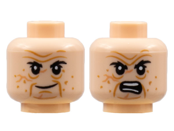 Minifigure, Head Dual Sided Black Eyebrows, Dark Orange Wrinkles and Blemishes, Grin / Angry Pattern