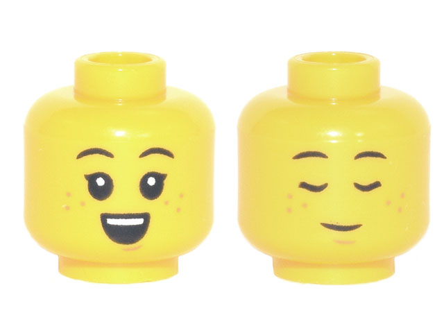 Minifigure, Head Dual Sided Child, Black Eyebrows, Nougat Freckles and Chin Dimple, Small Open Mouth Smile with Top Teeth / Sleeping Pattern