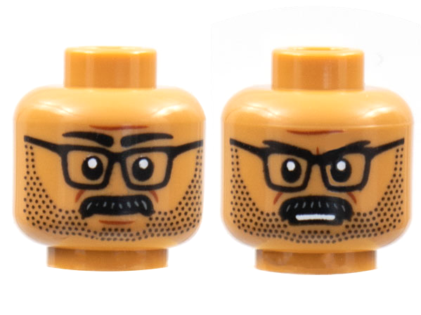 Minifigure, Head Dual Sided Black Eyebrows, Glasses, Moustache and Stubble, Neutral / Frown Showing Teeth Pattern