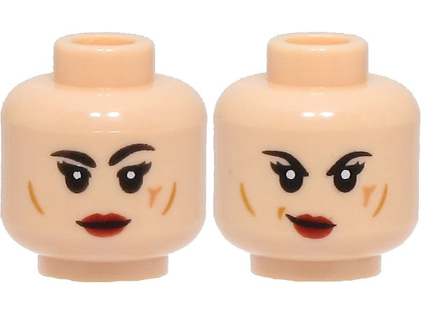 Minifigure, Head Dual Sided Female, Black Eyebrows, Red Lips, Medium Nougat Cheek Lines, Nougat Scar, Smile / Lopsided Grin Pattern