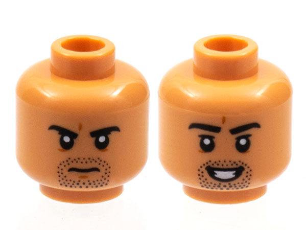 Minifigure, Head Dual Sided Black Eyebrows and Goatee Stubble, Frown / Open Smile with Teeth Pattern
