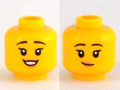 Minifigure, Head Dual Sided Female Black Eyebrows, Eyelashes, Nougat Lips, Open Mouth Smile with Teeth / Lopsided Grin Pattern