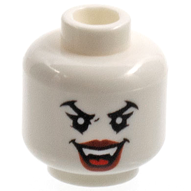 Minifigure, Head Female Black Sharp Eyebrows and Eyelashes, Lower Eyelids, Dark Red Lips, Open Mouth Smile with Fangs and Red Tongue Pattern