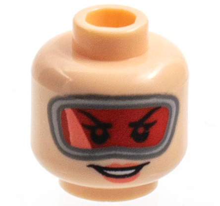 Minifigure, Head Female Red Large Goggles, Coral Lips, Open Smile Pattern