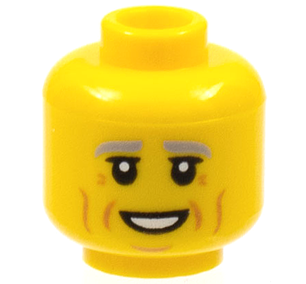 Minifigure, Head Light Bluish Gray Eyebrows, Black Eyelids, Medium Nougat Cheek Lines, Wrinkles, and Chin Dimple, Open Mouth Smile with Teeth Pattern