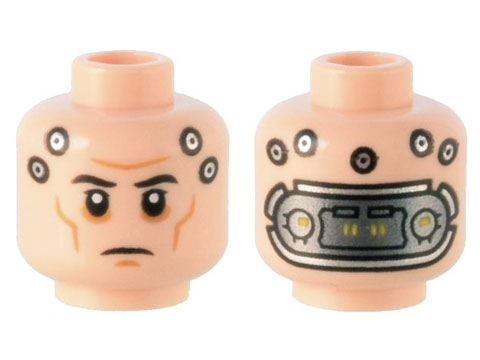 Minifigure, Head Black Eyebrows, Dark Orange Cheek Lines and Chin Dimple, Silver Circles and Metal Mechanical Panel Pattern