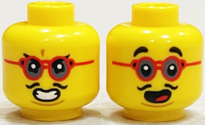 Minifigure, Head Dual Sided Black Eyebrows, Red Glasses, Thin Moustache, Surprised Open Mouth / Clenched Teeth Pattern