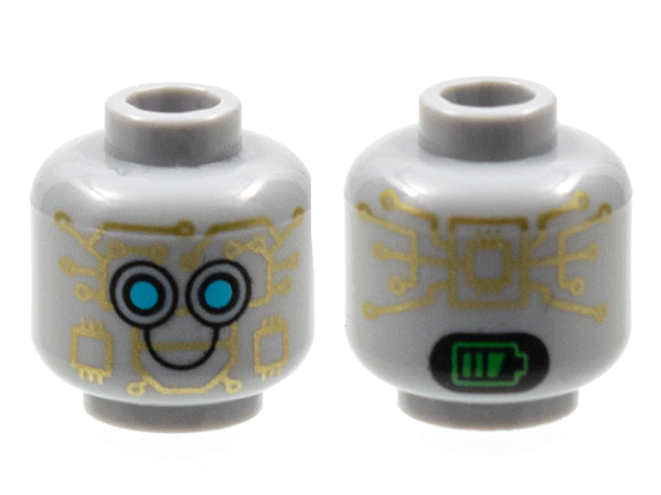 Minifigure, Head Alien Robot with Gold Circuitry, Medium Azure Eyes, Black Smile, and Bright Green Battery Indicator on Back Pattern