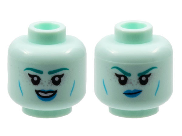 Minifigure, Head Dual Sided Alien Female Dark Turquoise Eyebrows, Silver Freckles, Dark Azure Lips, Cheek Lines, Smile / Scowl Pattern