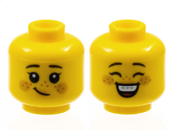 Minifigure, Head Dual Sided Child Female Black Eyebrows, Eyelashes, Bright Light Orange Lips and Circles on Cheeks, Medium Nougat Freckles, Lopsided Grin / Closed Eyes and Open Mouth Smile with Top Teeth, Braces, and Red Tongue Pattern