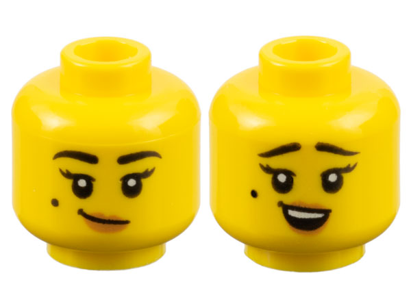 Minifigure, Head Dual Sided Female Black Eyebrows and Beauty Mark, Medium Nougat Lips, Lopsided Grin / Surprised Open Mouth with Top Teeth Pattern