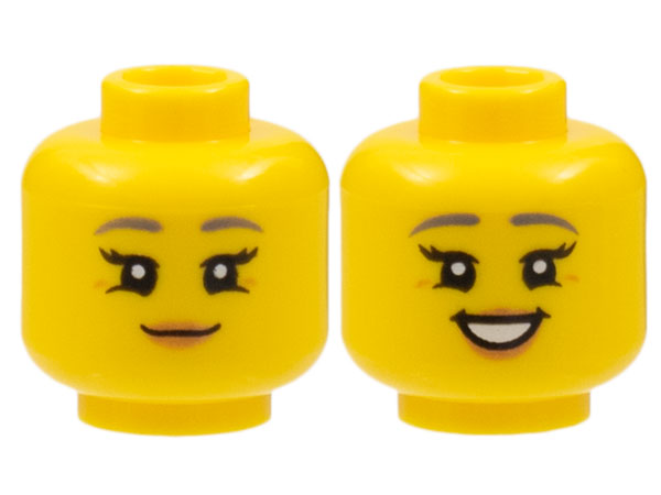 Minifigure, Head Dual Sided Female Dark Bluish Gray Eyebrows, Black Eyelashes, Medium Nougat Lips, Grin / Open Mouth Smile with Teeth Pattern