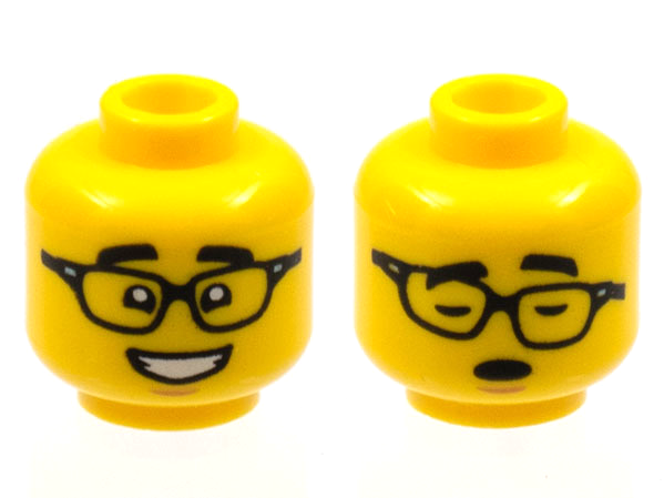 Minifigure, Head Dual Sided Black Eyebrows, Glasses with Raised Eyebrows / Asleep with Glasses Crooked Pattern