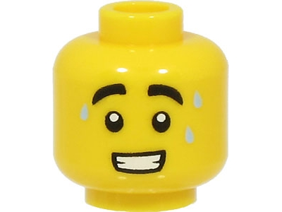 Minifigure, Head Black Thick Eyebrows, 3 Bright Light Blue Sweat Drops, Open Mouth with Teeth Pattern