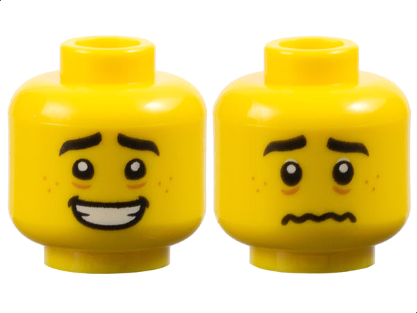 Minifigure, Head Dual Sided Black Eyebrows, Medium Nougat Freckles and Eye Bags, Open Mouth Smile with Teeth / Worried Pattern