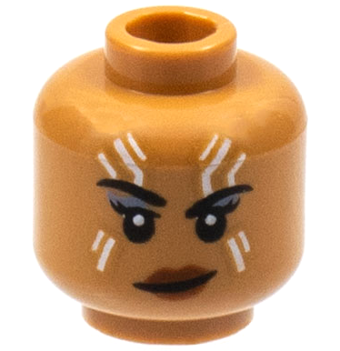 Minifigure, Head Female Black Eyebrows, White Tattoos on Forehead and Cheeks, Lopsided Grin Pattern
