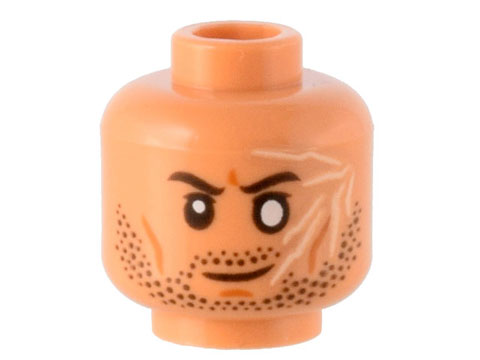 Minifigure, Head Black Eyebrows, Stubble, Dark Orange Brow Furrow, Cheek Lines and Chin Dimple, White Scars, Blind Left Eye Pattern