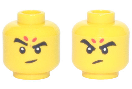 Minifigure, Head Dual Sided Black Eyebrows and Eyes, 2 Red Spots, Eyebrow Raised Smirk / Angry Pattern