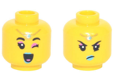 Minifigure, Head Dual Sided Female, Dark Pink Eye Shadow, Medium Azure Lips, Gold Charm on Forehead, Open Mouth Smile and Wink / Angry Pattern
