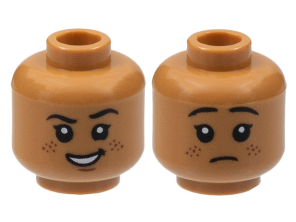 Minifigure, Head Dual Sided Child, Black Eyebrows and Eyes with White Pupils, Smirk with Open Mouth Smile, Reddish Brown Freckles / Sad Pattern