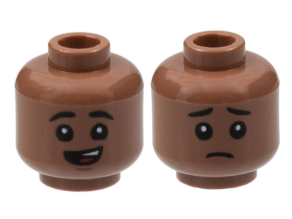 Minifigure, Head Dual Sided Child Black Eyebrows, Lopsided Open Mouth Smile with Top Teeth and Red Tongue / Sad Pattern