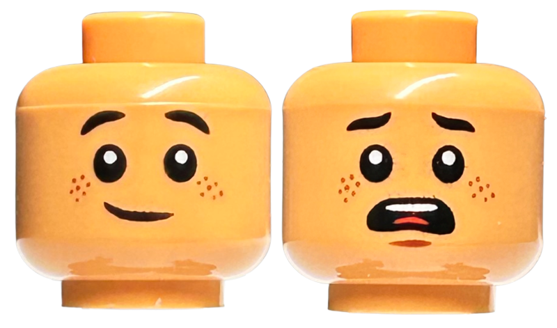 Minifigure, Head Dual Sided Child, Reddish Brown Freckles, Grin / Scared Open Mouth, Black Eyebrows Pointed Ends Pattern