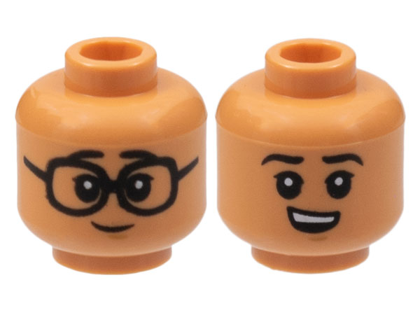 Minifigure, Head Dual Sided Child, Black Eyebrows and Eyes with White Pupils, Glasses / Smirk with Teeth Pattern