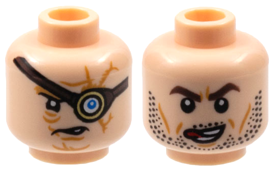 Minifigure, Head Dual Sided HP Mad-Eye Moody with Magic Eye, Reddish Brown Eye Patch, Dark Orange Scars, Open Mouth / Barty Crouch Jr, Dark Brown Eyebrows, Black Stubble, Red Tongue Licking Lips Pattern