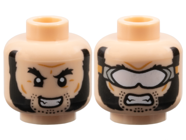 Minifigure, Head Dual Sided Black Bushy Eyebrows, Mutton Chops and Stubble, Medium Nougat Wrinkles, Furrowed Brow, Open Mouth Smile and Lower Right Eyelid / Angry Bared Teeth and Silver Goggles with White Lens Pattern