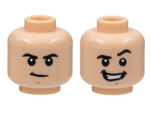 Minifigure, Head Dual Sided Black Eyebrows, Medium Nougat Chin Dimple, Firm / Smile with Teeth and Raised Left Eyebrow Pattern