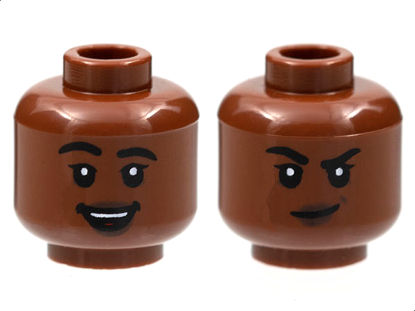 Minifigure, Head Dual Sided Female Black Eyebrows Thick, Single Eyelashes, Dark Brown Lips, Open Mouth Smile with Top Teeth and Red Tongue / Smirk Pattern