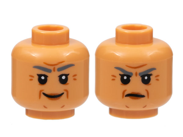 Minifigure, Head Dual Sided Female Dark Bluish Gray Eyebrows, Dark Orange Wrinkles and Lips, Grin / Scowl Pattern