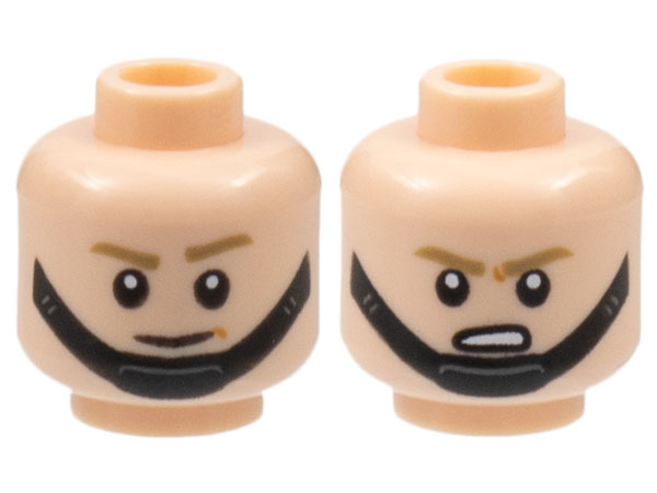 Minifigure, Head Dual Sided SW Dark Tan Eyebrows, Black Chin Strap, Smirk / Grimace Pattern