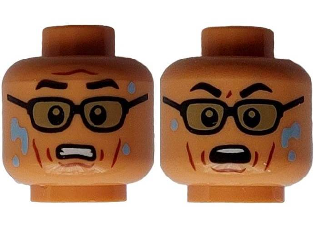 Minifigure, Head Dual Sided Black Eyebrows, Glasses, Cheek Lines, Water Drops, Scared / Terrified Pattern