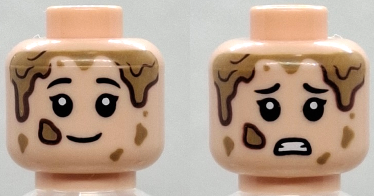 Minifigure, Head Dual Sided Child Female Black Eyebrows, Single Eyelashes, Dark Tan Mud Spots, Grin / Scared Open Mouth with Teeth Pattern