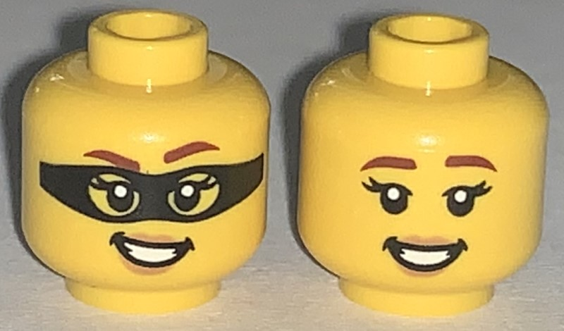 Minifigure, Head Dual Sided Female Reddish Brown Eyebrows, Nougat Lips, Open Mouth Smile with Teeth, Black Mask / No Mask Pattern