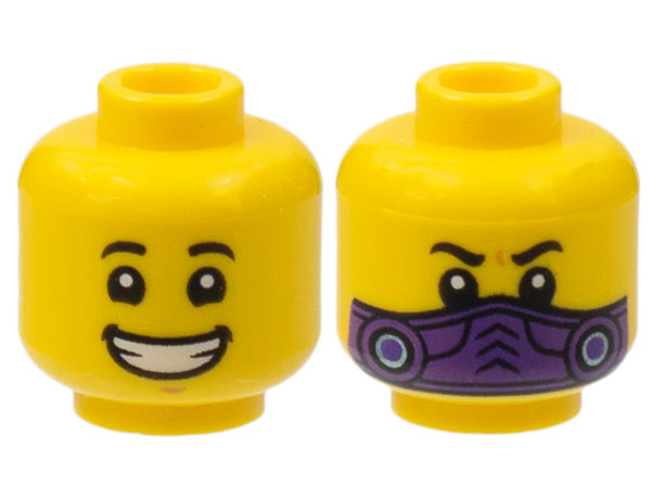Minifigure, Head Dual Sided Child, Black Eyebrows, Wide Smile with Teeth / Dark Purple Mask Pattern