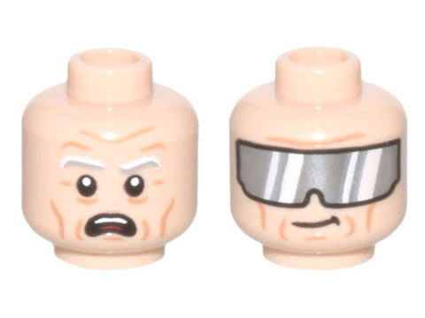 Minifigure, Head Dual Sided Light Bluish Gray and White Eyebrows, Medium Nougat Wrinkles, Open Mouth Frown / Silver Visor with Reflections Pattern