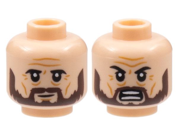 Minifigure, Head Dual Sided Black Eyebrows, Dark Brown Beard, Crow's Feet, Neutral / Fierce Pattern