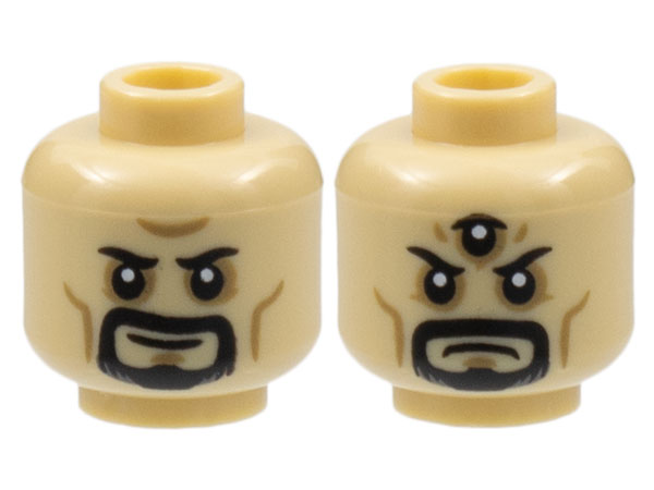 Minifigure, Head Dual Sided Black Eyebrows and Goatee, Dark Tan Cheek Lines and Chin Dimple, Neutral / Scowl with Third Eye Pattern