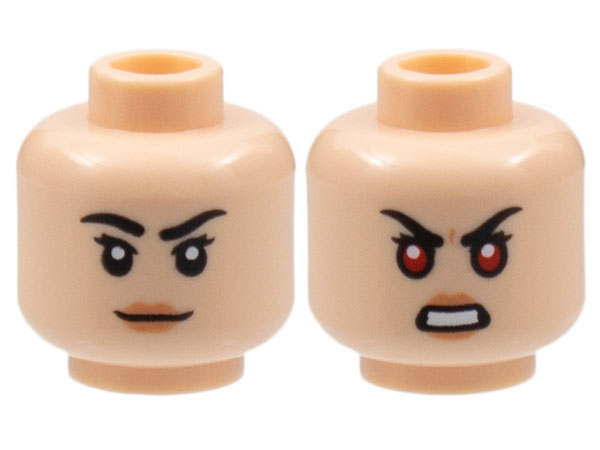 Minifigure, Head Dual Sided Female Black Eyebrows, Short Eyelashes, Nougat Lips, Grin / Bared Teeth and Red Eyes Pattern