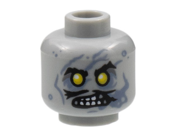 Minifigure, Head Alien Zombie Black Eyebrows and Moustache, Yellow Eyes, Open Mouth with Teeth, Sand Blue Streaks Pattern