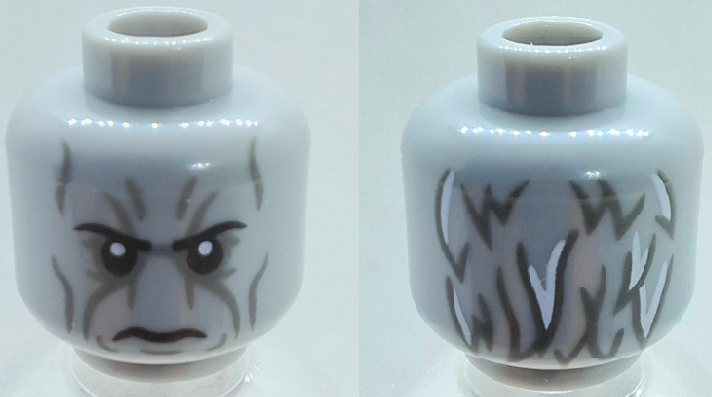 Minifigure, Head Alien Black Eyebrows, Contour Lines, Frown, Dark Bluish Gray and White Hair on Back Pattern