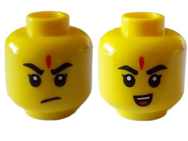 Minifigure, Head Dual Sided Black Eyebrows, Red Forehead Mark, Frown / Small Open Smile with Teeth and Tongue Pattern
